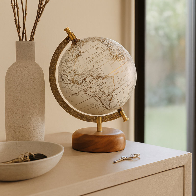 Decorative Globe Sculpture With Wood Base For Home Decor - Modern Accent For Living Room, Office Desk, Or Shelf - 10"