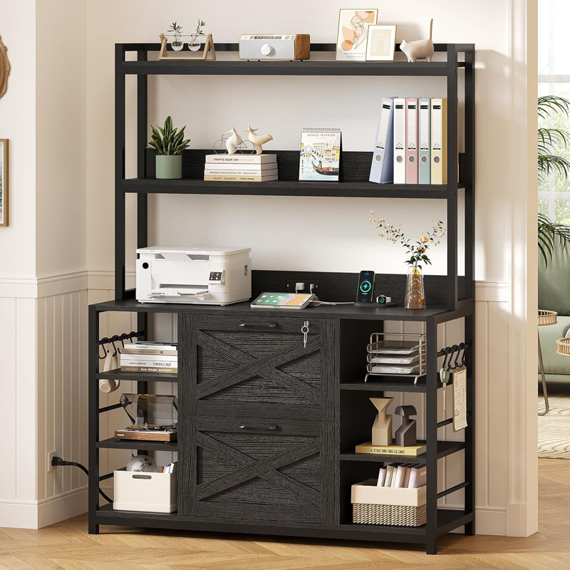 File Cabinet With Charging Station, Vertical Filing Cabinet With Lock For Home Office, Black