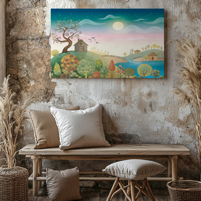 Paysage de campagne fantaisiste avec arbres, scène de rivière de campagne, impression murale sur toile pour le salon, la chambre à coucher, le bureau, le couloir, le vestibule, le mur de la galerie et la décoration intérieure moderne
