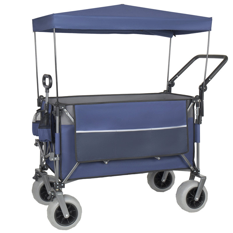 Chariot pliant multifonctionnel à poussoir avec poignée rotative et auvent, pneus de plage de 9 po x 4 po pour le camping et la plage, capacité de charge de 480 lb, grande capacité de 300 L pour le transport, l'épicerie et l'utilisation à l'extérieur