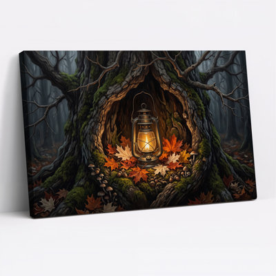 Lanterne rougeoyante à l'intérieur d'un arbre moussu creux avec art d'Halloween sur toile