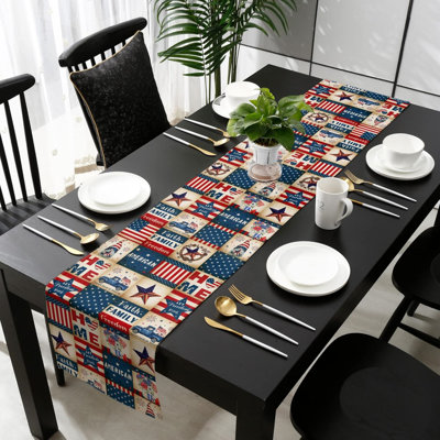 Chemin de table drapeau américain en mélange de lin, décor de table patriotique du 4 juillet, chemin de table imperméable pour le Jour du Souvenir et les fêtes patriotiques