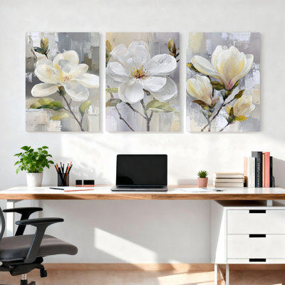 Fleur de magnolia blanc, reproduction d'art sur toile tendue sur toile, ensemble de 3, pour salon, chambre à coucher, décoration intérieure