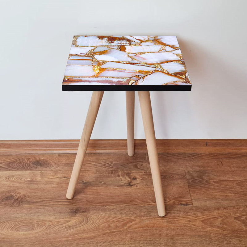 Modern Side Table with Beech Wood Legs, White & Gold Finish, 13.8 x 16.5 x 13.8 inches | 100% MDF with 0.71 inch Thickness | Stylish Marble Design for Living Room, Bedroom, or Office - Elegant & Functional