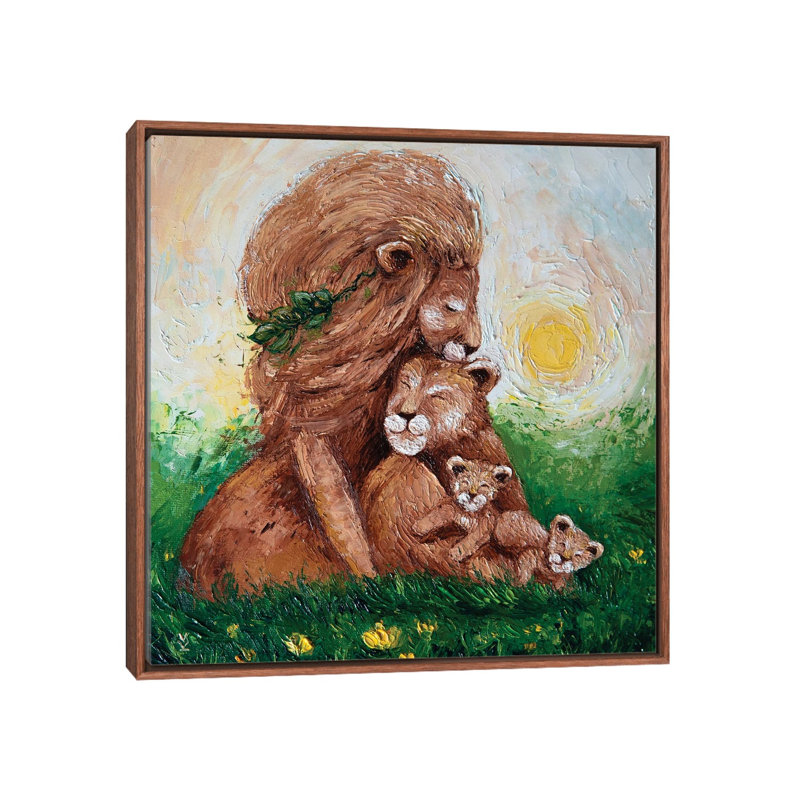 Lion Family by Vlada Koval - Painting on Canvas, 45.72 cm H x 45.72 cm W, Brown Framed
