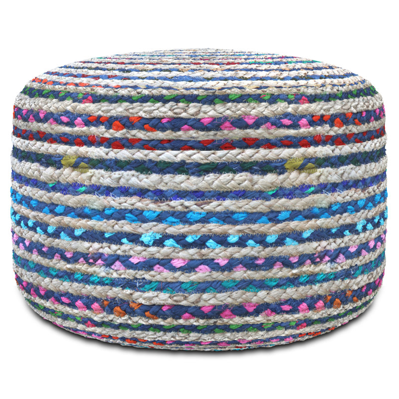 Pouf rond en jute et coton tissés à la main l 20 po Margo, Bleu, H 14 po x l 20,1 po x P 20,1 po