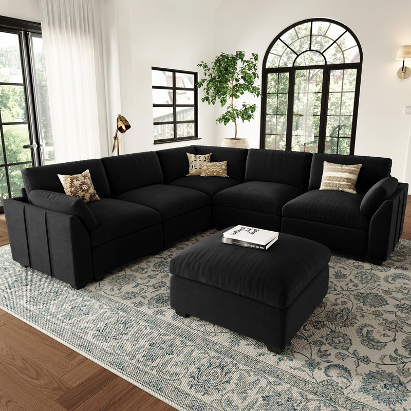 Modular L-Shaped Sectional with Removable Ottoman , Black Velvet