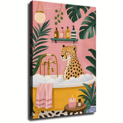 Guépard relaxant dans une baignoire jaune avec des plantes tropicales, illustration sur toile pour salle de bain rose
