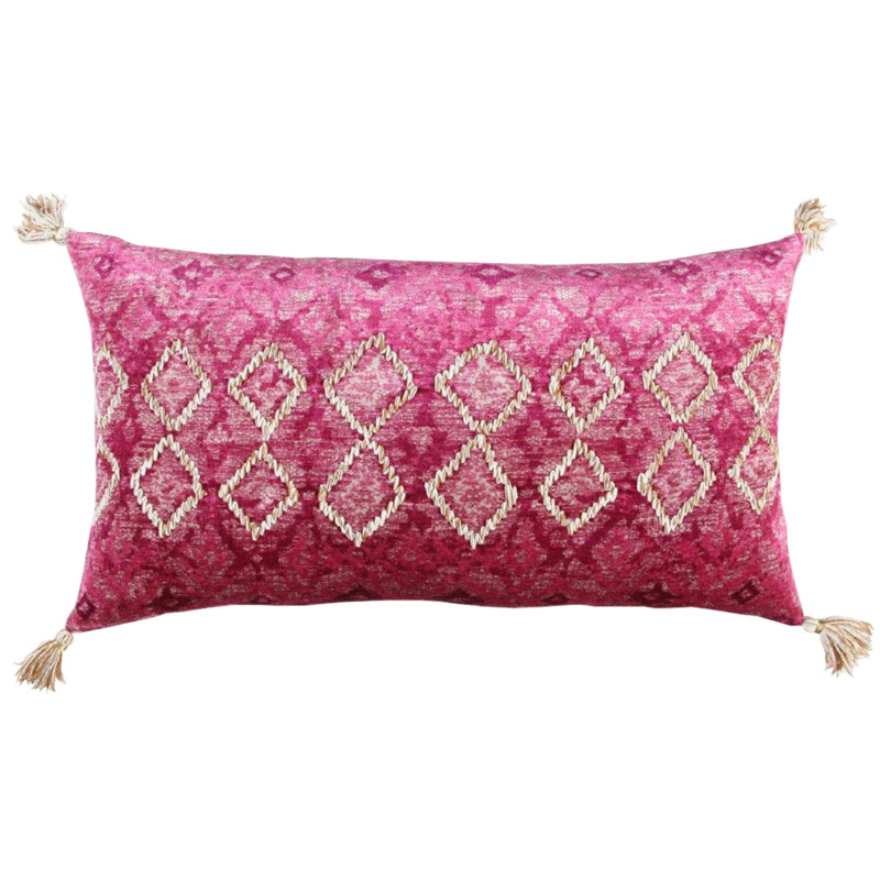 Pink and Ivory Embroidered Cotton Velvet Lumbar Pillow