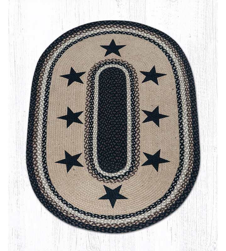  Black Stars Oval Patch Rug Hand-Braided Jute Rug with Primitive Americana Star Design in Rustic Earth Tones, Oval 3' x 5'