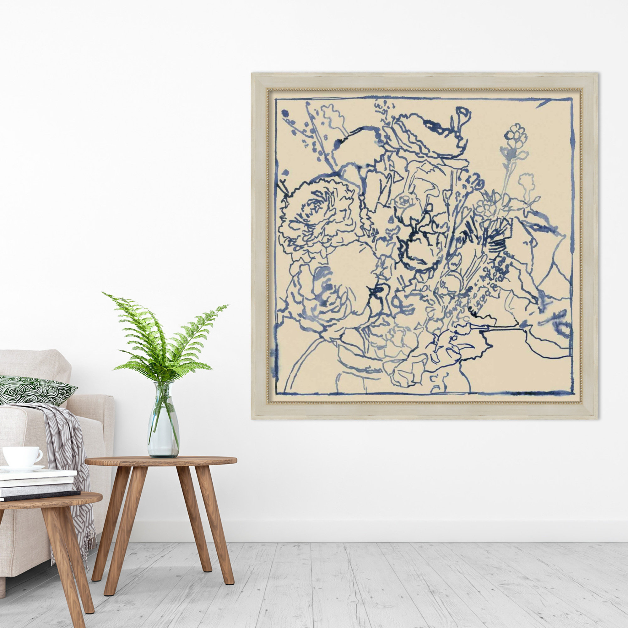 Indigo Floral Sketch by Megan Meagher, 16" W x 16" H, Cream