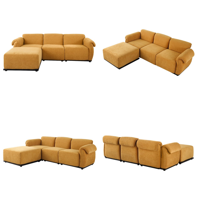 93" Modern Modular Sectional with Reversible Ottoman, Iron Frame, Chenille Upholstery, 4-Seat, Yellow