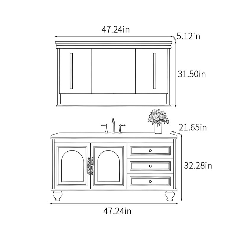 Armoire de salle de bain style rétro français, H 32,28 po x l 47,24 po x P 21,65 po, Noir