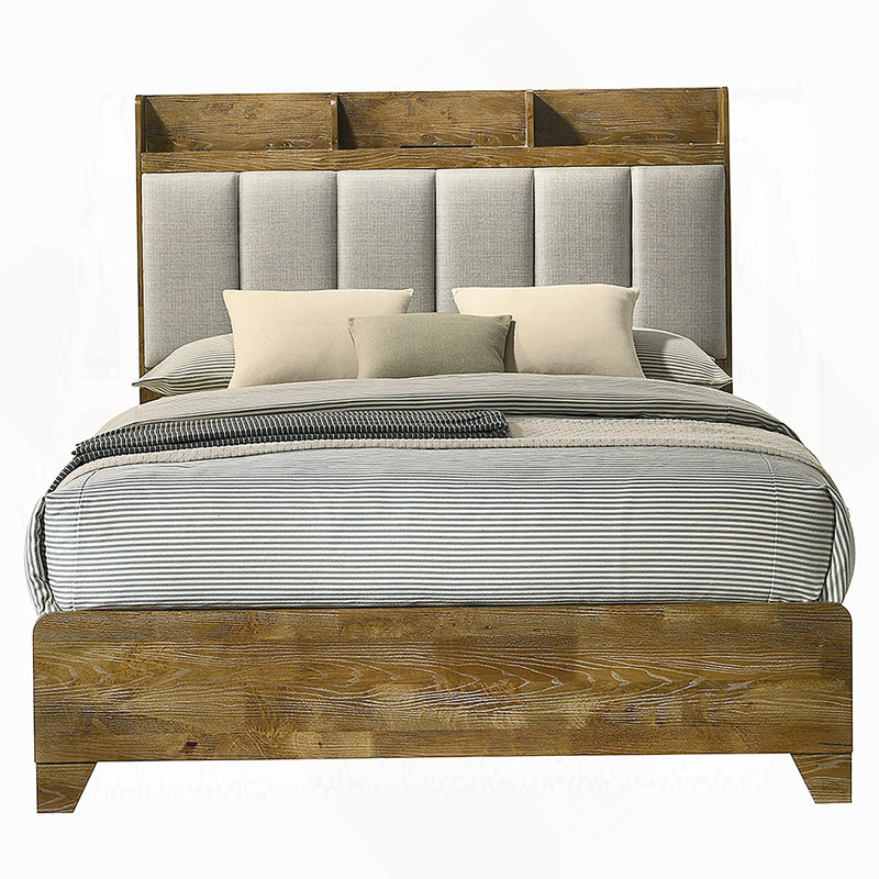 Grand lit transitionnel brun avec tête de lit tapissier et ports USB pour un confort moderne, Grand lit