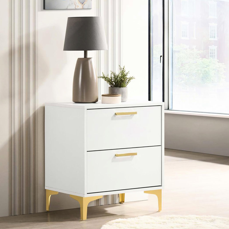 Table de chevet blanche et dorée 2 pour chambre à coucher - Rangement spacieux, visuel, joints inclus dans l'esthétique, cadeau