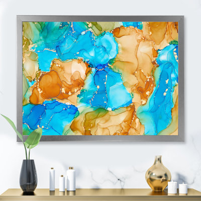 " Turquoise And Brown Luxury Abstract Fluid Art I " Painting Print