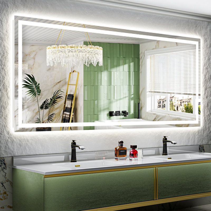Akilan Frameless LED Vanity Mirror with Front-lit and Back-lit, Memory Function, 3 Color Temperatures & Dimmable Light, Anti-fog Tempered Glass ETL Mirror
