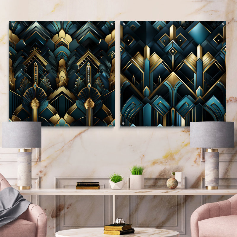 Bleu sarcelle et doré Art Deco géométrique glamour - ensemble abstrait d'art mural acrylique sur verre, H 16 po x l 33 po