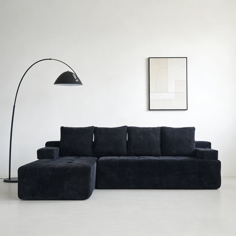 Compressed L-shaped Sectional Sofa With Side Pockets,wireless Charging Device, Two Usb Charging Ports, One Cup Holder, Bluetooth Speaker,reversible Lounge Chaise, Chenille Material,black Color