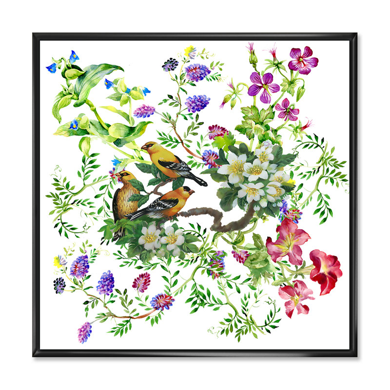 «Tropical Birds with on Blooming Tree», photographie sur toile à cadre flottant, H 16 po x l 16 po x P 1 po, Cadre noir