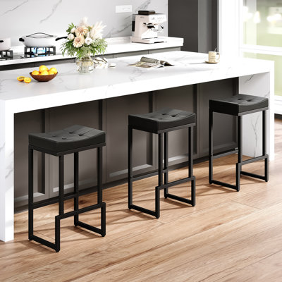 Upholstered Counter Stool with Metal Frame & Footrest, Backless Saddle Seat Counter Height Bar Stools