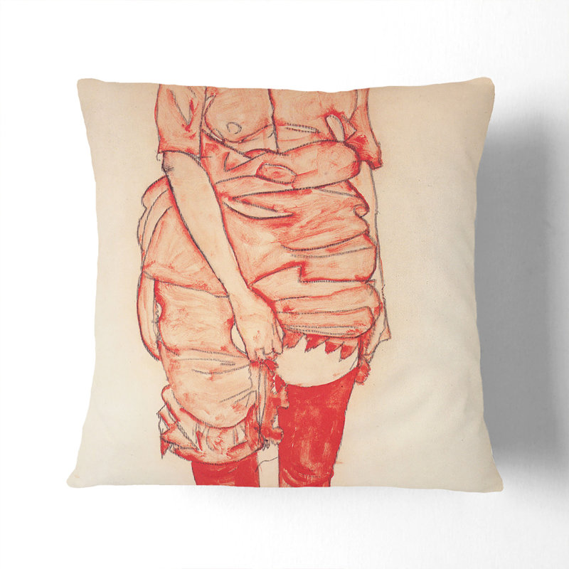 Standing Woman In Red Square Throw Cushion, 40cm H x 40cm W x 15cm D, Black