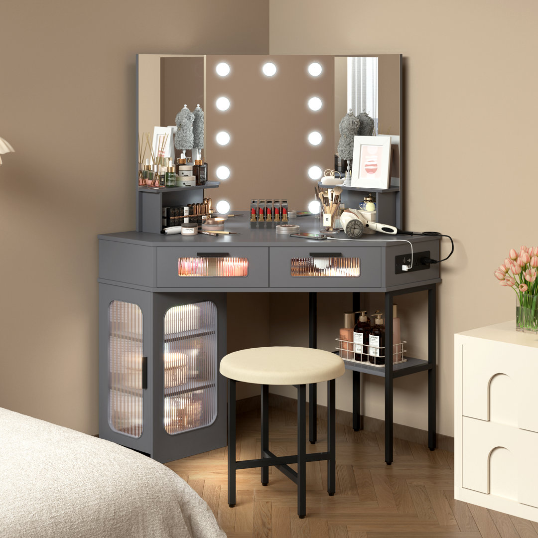 Chantle Vanity With Hollywood Light Bulb,Modern Corner With Motion-Activated Lighting