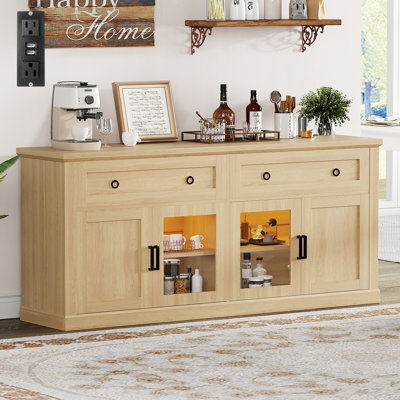 63"W Wood Sideboard Buffet With 2 Large Drawers & 4 Transparent Doors, Farmhouse 4 Doors Storage Cabinets With Charging Station and LED Light, TV Stand For 75” TVs With Adjustable Shelves