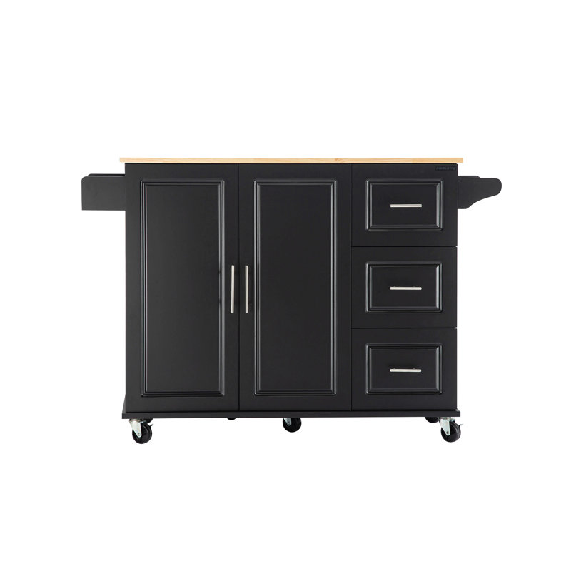 Kitchen Island & Kitchen Cart, Mobile Kitchen Island With Extensible Rubber Wood Table Top,Adjustable Shelf Inside Cabinet,3 Big Drawers, With Spice Rack, Towel Rack