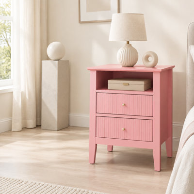 Ensemble de 2 tables de chevet modernes à cannelures, 58 cm de hauteur, avec 2 tiroirs et une tablette, rose