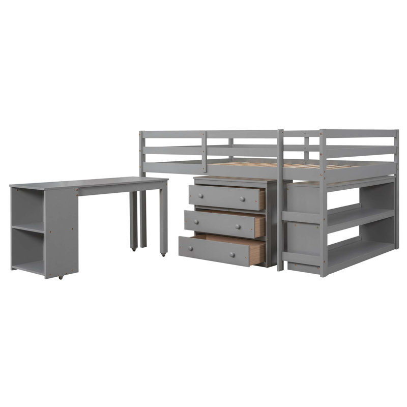 Lit mezzanine basse avec armoire, tablettes et bureau portable roulant, lit multifonctionnel, Gris