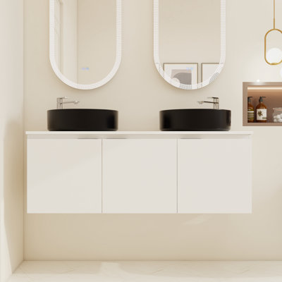  Dalmahoy 48" Bathroom Vanity with Sink, 48 Inch Floating Vanity, Double Sink Wall Mounted Vanity Combo, Modern White Bathroom Vanity Set with 3 Doors and Ceramic Basin Sink