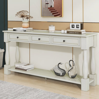 Console 63 po blanc antique avec tiroirs et tablette, convient au vestibule, au couloir et au salon