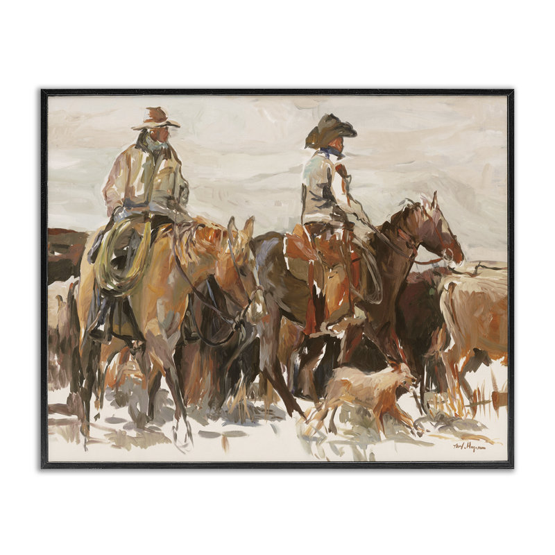 Cowboys and Horses Farm Western, peinture XXL encadrée noire, art texturé par Marilyn Hageman, H 24 po x l 30 po x P 1,5 po