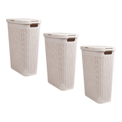  Panier à linge mince 40 L, panier à linge, couvercle, design en osier, plastique, ensemble de 3
