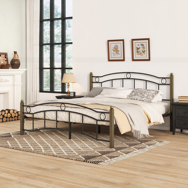 Metal Bed with Wavy Headboard and Footboard, Black/Gold, Queen
