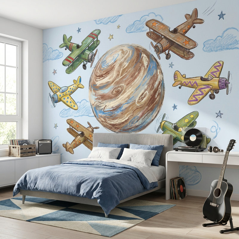 Papier peint planète fantaisiste Space Airplanes, Peler et coller, 200 po x 120 po