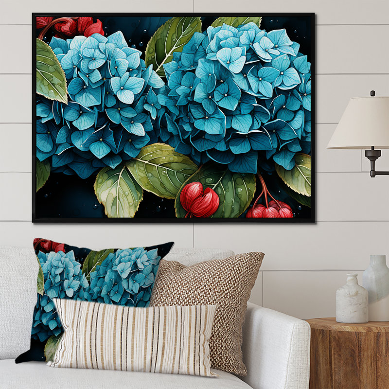 «Blue Hydrangea Bouquet Harmony - Hydrangea», art mural, Cadre flottant noir, H 24 po x l 32 po x P 1 po