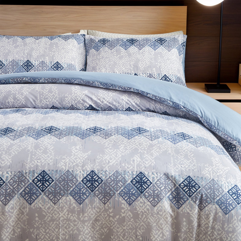 Dailynap Gray And Blue Geometric Pattern Minimalist Style Bedding Set, King Duvet Cover + 2 Pillowcases
