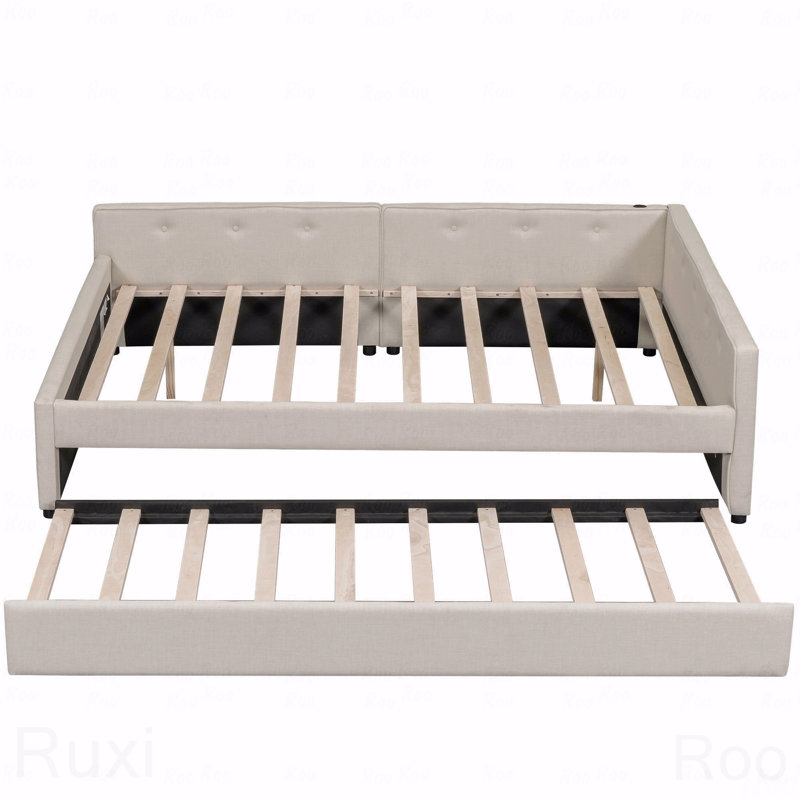 Queen Upholstered Platform Bed Frame, USB, Twin Trundle, Queen