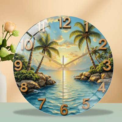 Tropical Sunset Beach Ocean Wall Clock Art - 12'' Modern Glass Wall Clock
