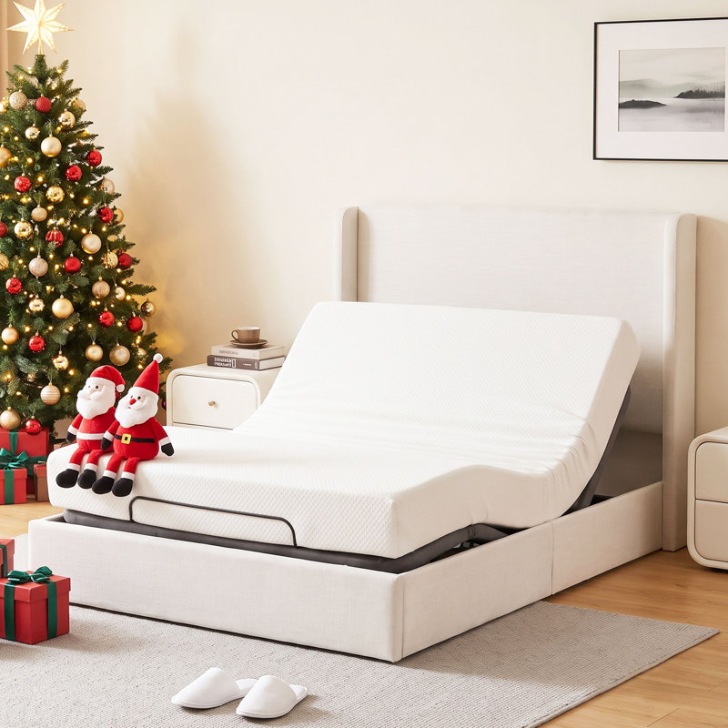 Lit Queen capitonné à oreilles avec sommier réglable, lit électrique intelligent en chenille avec massage et contrôle par application, crème