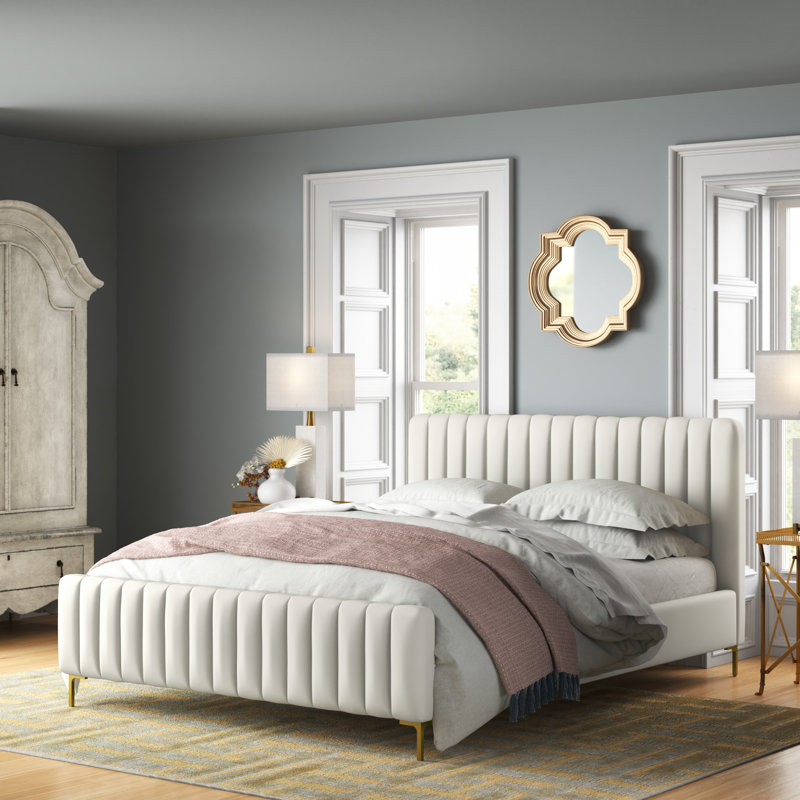 Lit plateforme tapissier Robbinsdale, Velours blanc, Double