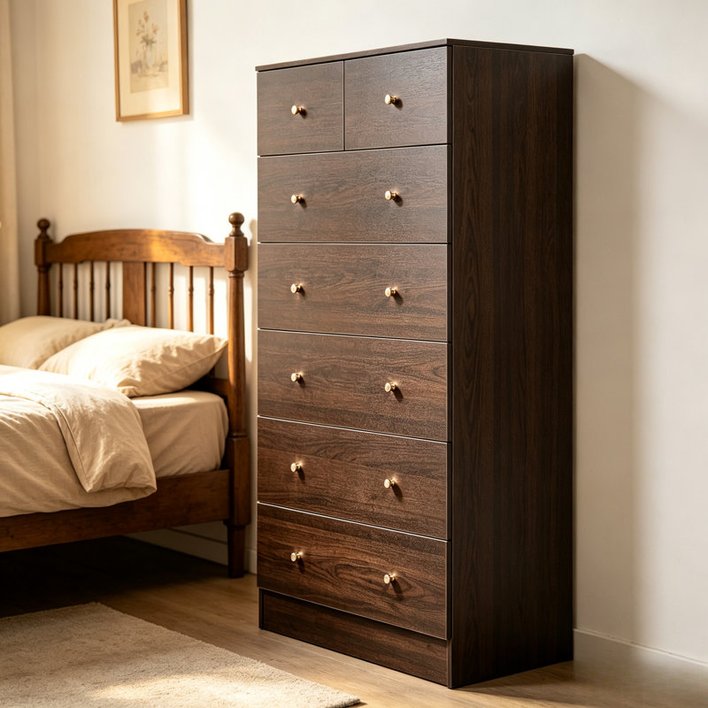 Commode haute à 7 tiroirs brun foncé, meuble vertical en bois avec poignées dorées, meuble de rangement pour vêtements sur pied pour chambre à coucher