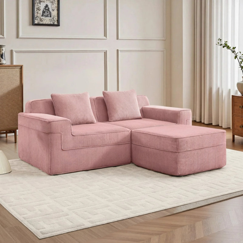 Canapé modulaire à compression en L à 2 places avec coussins décoratifs et 1 repose-pieds mobile, Rose