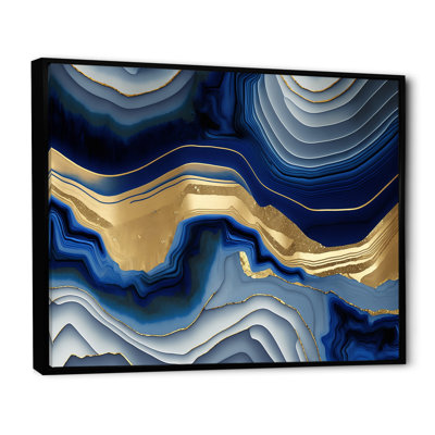 «Vibrant Blue and Gold Flow Art I», reproduction d'art sur toile encadrée transitionnelle abstraite