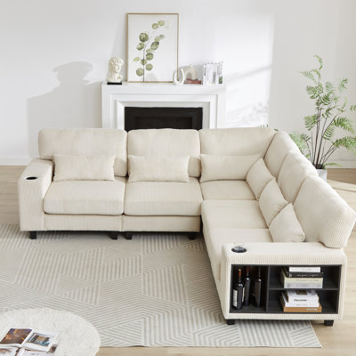 Élégant canapé modulaire avec porte-gobelet et rangement en velours côtelé pour le salon