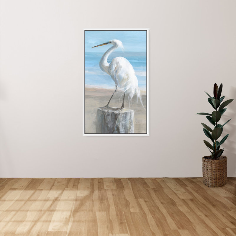 "Egret by the Sea Crop" par Danhui Nai, reproduction sur toile dans un cadre flottant, H 33,5 po x l 21,5 po, Blanc