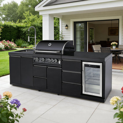 102.4" Outdoor Kitchen Island, 5-burner Propane Grill, 59500 Btu, Built-in Refrigerator & Sink, 304 Stainless Steel, Marble Countertop, All-in-one BBQ Station For Backyard Patio（Black）