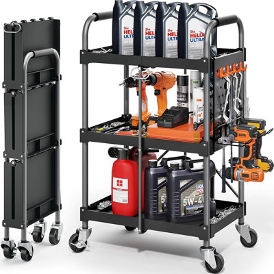 Chariot à outils pliable robuste à 3 niveaux, capacité de 150 kg, organisateur utilitaire roulant avec étagères, crochets et roues verrouillables, noir